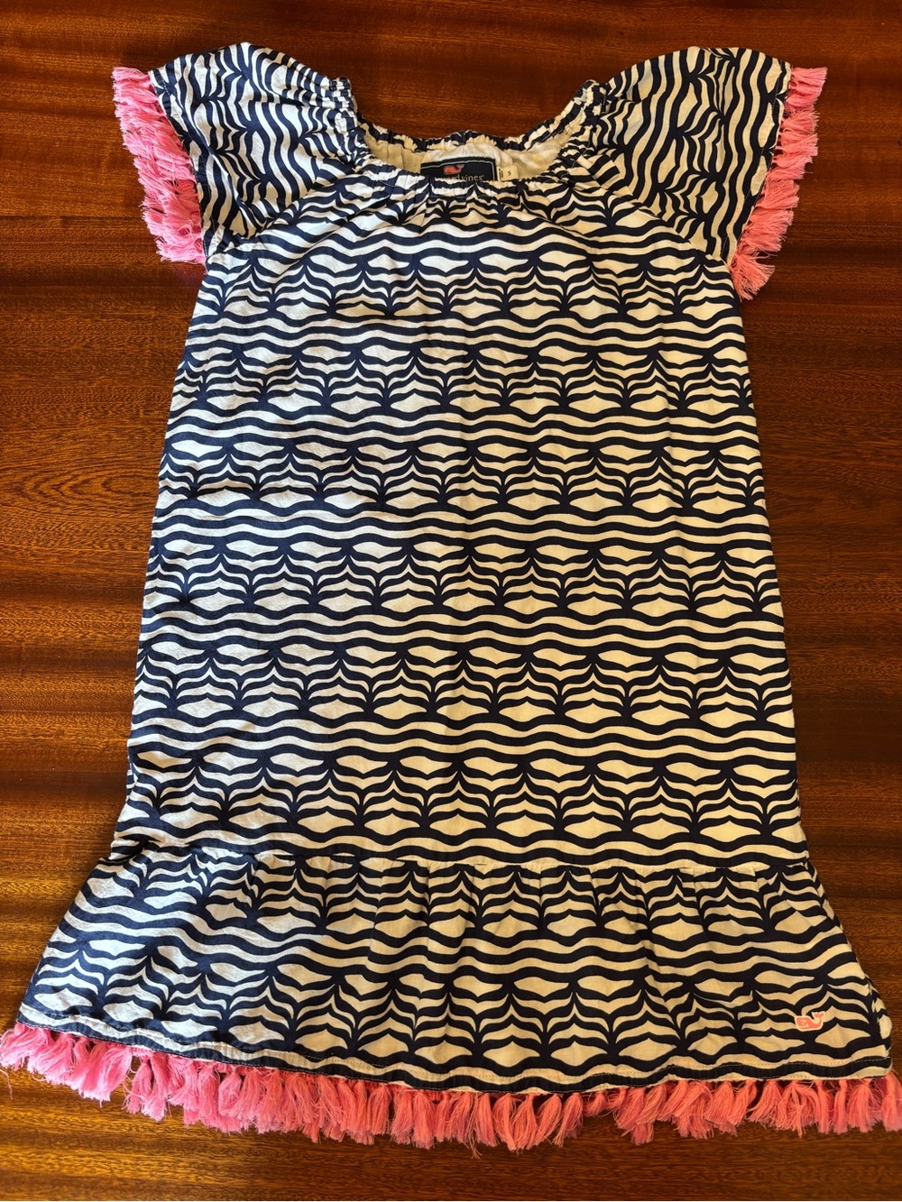 Vineyard Vines Navy & White Wave Print Top with Pink Whale Logo and Fringe!